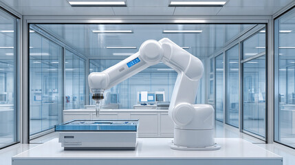 Robot arm performs precise tasks in a modern laboratory setting with advanced technology