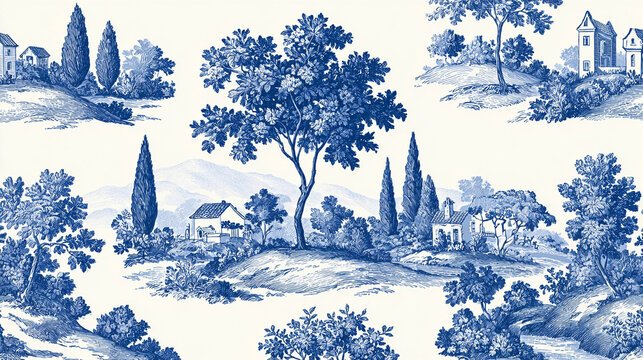 Scenic toile de jouy landscape design with blue and white patterns featuring trees, houses, and hills