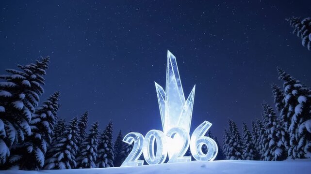 Glowing ice sculpture emerges in winter forest: captivating night sky backdrop