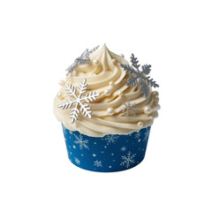 Festive winter cupcake with white frosting and snowflake decorations isolated on transparent background