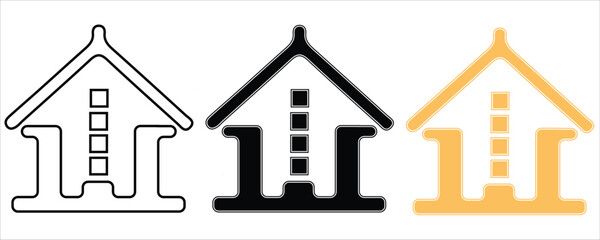 Three stylized house icons in outline, black, and gold, isolated on white