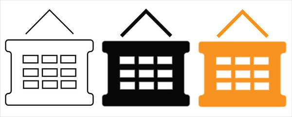 Real estate house icon set with windows and roof in outline, solid black, and orange