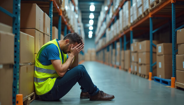 Stressed worker sits on warehouse floor. Man is overwhelmed, tired and frustrated. Employee in vest with headache suffers from burnout and hard manual work in shipping logistics center.