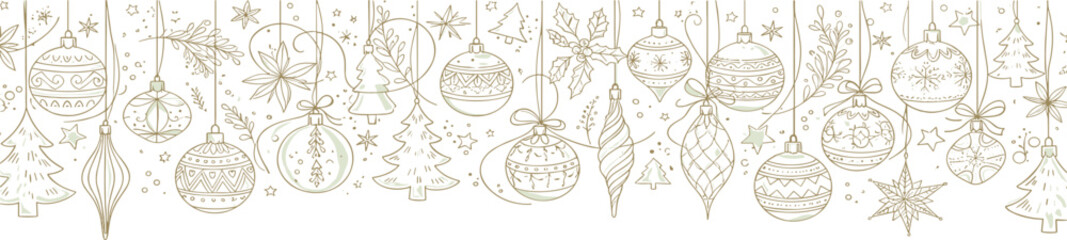Festive Christmas Ornaments Border with Stars and Trees, Ideal for Holiday Decorations and Designs