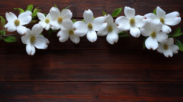 Elegant White Dogwood Flowers Decorated on Rustic Wooden Background Perfect for Nature-Themed Designs, Weddings, or Spring Celebrations