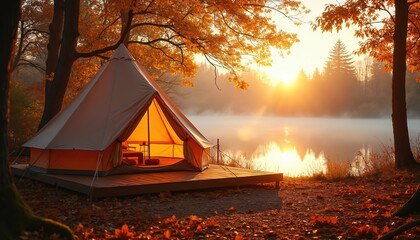 Autumn glamping bell tent stands by misty lake. Golden sunrise light shines through vibrant fall foliage trees. Cozy tent interior glows warm. Tranquil nature scene, peaceful morning camping outdoors.