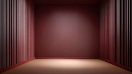 Red interior space with vertical lines, empty wall, smooth floor, distinctive lighting, perfect background for presentations or artistic projects