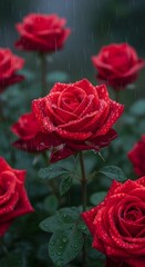 Naklejka premium Close up of vibrant red roses with water droplets in a lush garden setting