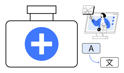 Healthcare concept. Healthcare integration with translation tools and virtual learning. Healthcare advancement in multilingual communication, e-learning, and digital collaboration. For telemedicine