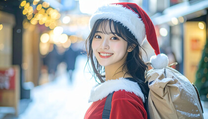 キラキラきらめく街並みで正面で微笑む20代サンタ女性素材
– Bright Cutout of a Smiling Japanese Woman in Santa Outfit (Front View)