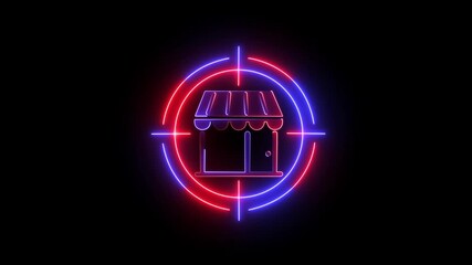 Glowing neon line of target market icon on black background. Target market advertising HR finding candidate for job vacancy finding customer or client people focus group research concept. 4k video