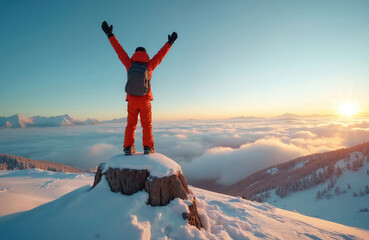 Man stands atop snowy mountain stump with raised arms. Backpacker enjoys winter sunrise above clouds. Person in red suit celebrates successful hiking. Achievement, inspiration above beautiful