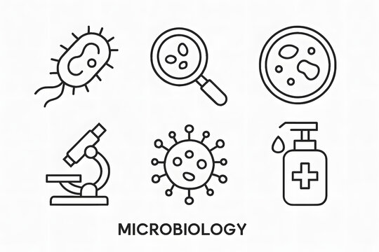Microbiology Illustration: A detailed illustration showcasing essential elements of microbiology, including bacteria, magnified cells, Petri dish, microscope, viruses, and sanitizer.