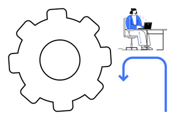 Workflow automation. Gear symbol s process optimization while the person using a laptop highlights productivity. Workflow automation enhances efficiency and modern tools. For business, technology