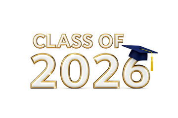 Class of 2026 Graduation Design, Gold and White 3D Numbers with Mortarboard