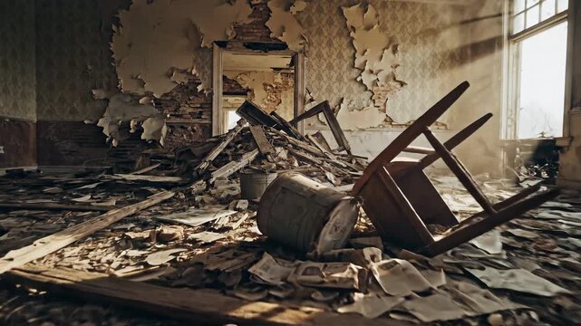 Interior room destructive state debris scattered sunlight rays