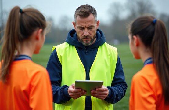 Soccer coach shows tablet to teen players on field. Man leads team talk with girls outdoor on grass. Strategy discussion during practice before game.