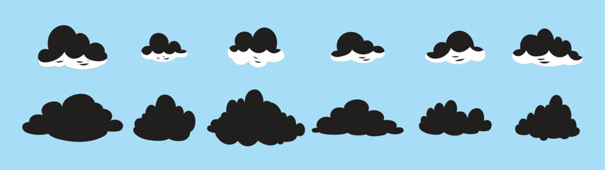 Set of cartoon clouds in flat style. black cloud collection Many white clouds for design. Minimalist black cloud silhouettes set, simple and elegant shapes, clean vector design, isolated on a white.
