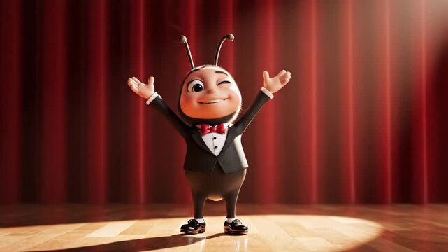 Charming 3D animated bug character in a tuxedo on stage winking and smiling for a showtime concept and cheerful performance