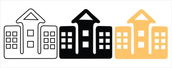 Stylized building icons in outline, black, and gold, isolated on