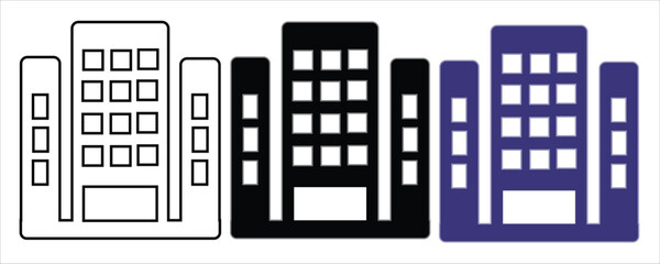 Set of building icons in outline, black, and blue, isolated on
