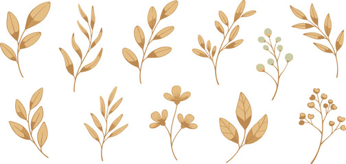 Fototapeta premium Set of elegant, rustic autumn branches and leaves. Hand-painted watercolor botanical illustrations for nature-inspired design projects