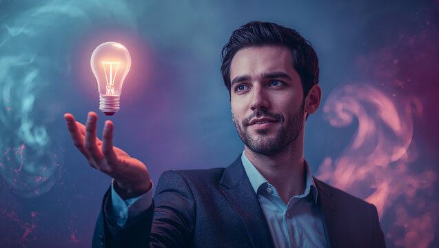 Businessman with glowing light bulb, concept of innovation and ideas