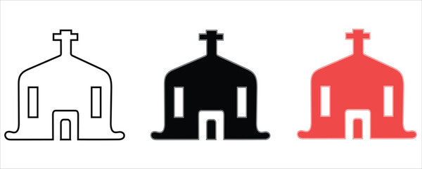 Three simple church icons with cross on steeple, isolated on