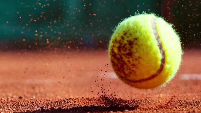 Vibrant tennis ball bouncing off a red clay court, kicking up dust for dynamic sports action concept and intense competition