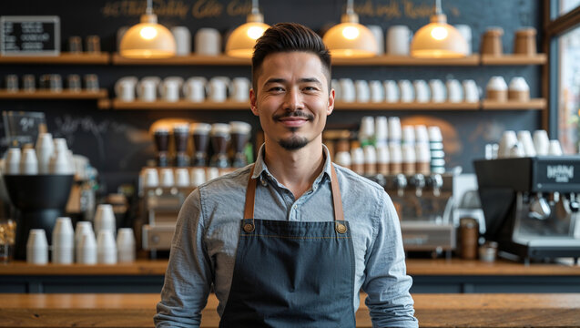Smiling barista in apron stands proudly in his coffee shop - Powered by Adobe