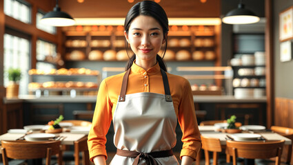 Smiling Asian waitress in a cafe or restaurant setting, looking at the camera