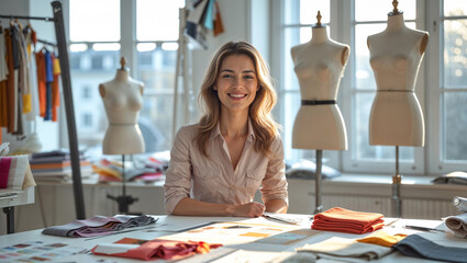 Smiling fashion designer in her bright and airy design studio