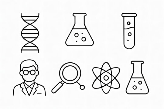 Science Icons: A minimalist arrangement of science-related icons, including a DNA strand, a beaker, a test tube, a scientist, a magnifying glass, an atom symbol, and another beaker, all in clean.