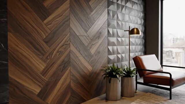 Interior wall design with diverse textured material samples and modern lighting