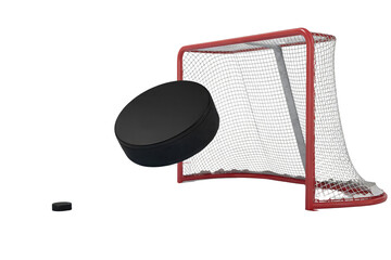 Hockey puck approaching a net on a background