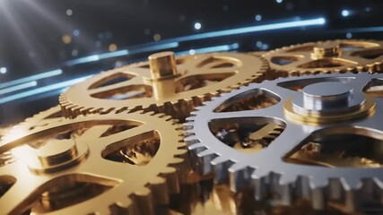 Interlocking golden and silver gears rotating in motion