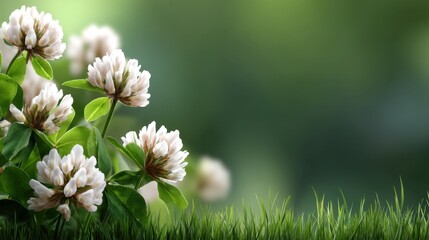 Obraz premium Beautiful white clover flowers blooming in vibrant green grass against a soft blurred background for nature and garden themes