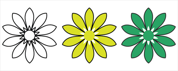 Three stylized flowers outline, yellow, green, isolated on