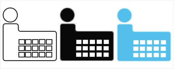 Three factory icons, outline, black, and blue, isolated on