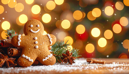 ジンジャーブレッド色のぬくもりに包まれた温かいクリスマス背景
– Warm Christmas Background in Cozy Gingerbread Tones and Soft Blurred Lights