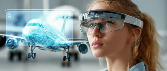 Engineering Vision: A focused individual wearing augmented reality glasses, inspects a detailed holographic projection of an aircraft, highlighting innovation in the aviation sector. - Powered by Adobe