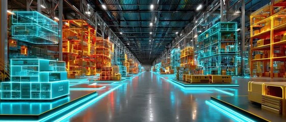 Warehouse of the Future: An expansive warehouse showcases the innovative integration of technology, highlighting efficiency and organization, with vibrant digital accents.  - Powered by Adobe