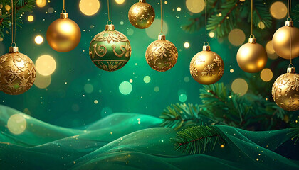 深い緑に黄金の光がきらめくクリスマスボケ背景
– Festive Christmas Bokeh Background in Deep Green and Soft Golden Glow