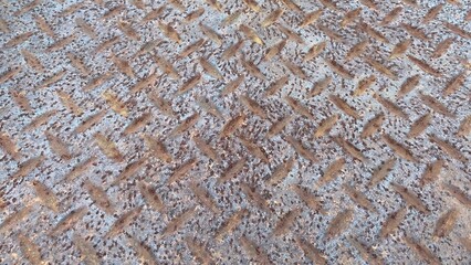 The surface of the iron plate has a diamond-patterned pattern with a rough texture and visible rust. The brown and gray tones of the metal create an industrial feel.