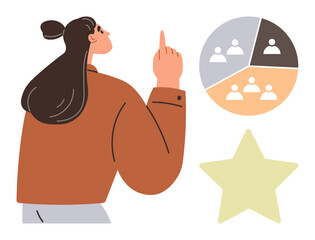 Woman pointing upward alongside a pie chart with team icons and star. Ideal for teamwork, leadership, recognition, goals, achievement, group strategy, evaluation. Simple flat metaphor