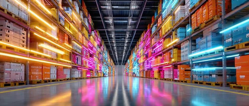 Warehouse of Innovation: An expansive modern warehouse, illuminated with vibrant neon lights, showcases a systematic organization of goods and supplies.