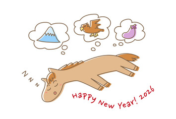 2026年午年の年賀状(初夢を見るゆるかわいい馬)
