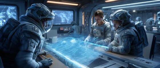 Astronauts in Futuristic Control Room: Astronauts in futuristic attire collaborating, with advanced technology, holographic displays. Focused on data analysis. - Powered by Adobe