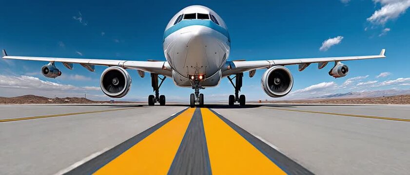 Airborne Adventure: A majestic airplane, poised for flight, commands attention against a backdrop of a clear blue sky, evoking a sense of adventure.