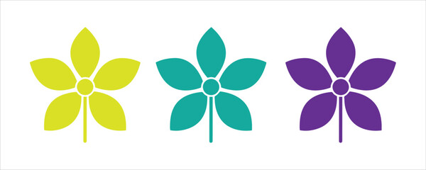 Set of three colorful floral icons green, teal, and purple fivepetal flowers